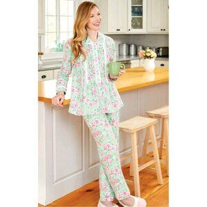Lanz of Salzburg Flannel Pajamas 2 Piece Mint Green Pink Roses NWT Small